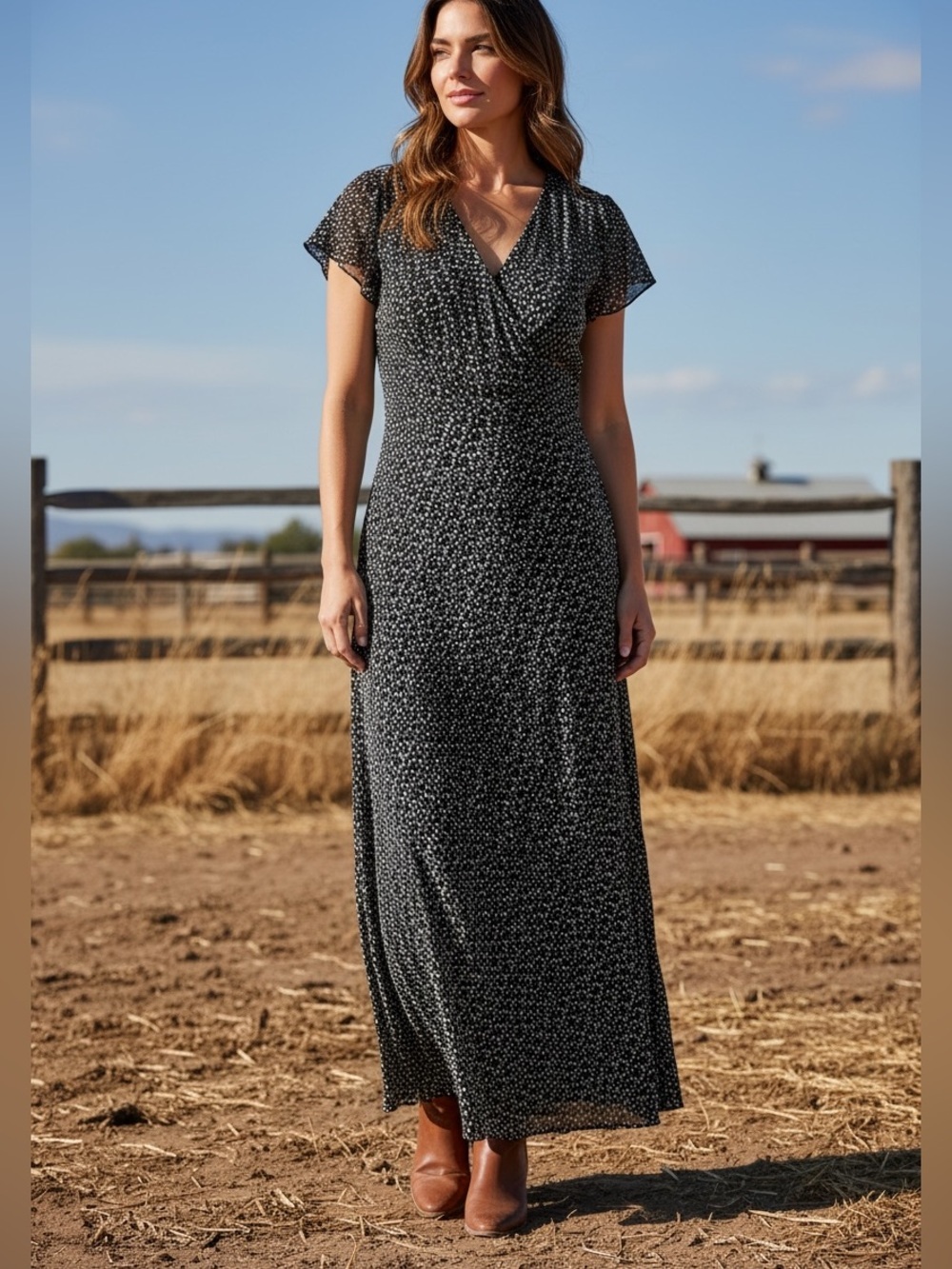 Beth Dutton-style maxi dress, 10, v-neck, ruffle sleeves, fitted Sexy Western